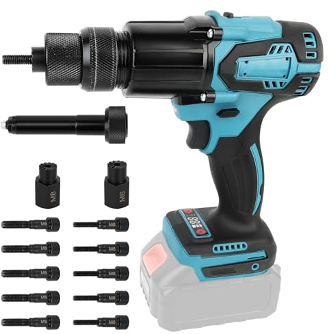 LIROPAU Akku Nietzange Kompatibel mit Makita 18V Akku | 2 in 1 Elektrische Nietmutterpistole mit Mundstücken M6/M8 und Handschuhe für 2,4-4,8 mm Nieten (ohne Akku, ohne Ladegerät)