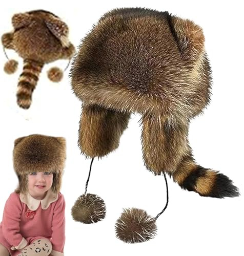Dewppxi Niedliche Wintermütze aus Waschbär-Plüsch, Waschbär Plüschmütze mit Schwanz, weich, warm, pelzig, mit Schwanz und Verstellbarer Größe für kaltes Wetter (Erwachsene(54-56cm))