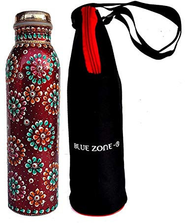 RASTOGI Kunsthandwerk reines Kupfer Wasser Flasche für (Kugelgelenk frei & auslaufsicher) NEU rot handbemalt Art Arbeit, mit einer Isolierte Tasche