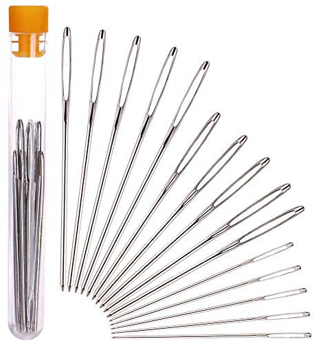 H&S Agujas de Coser de Ojo Grande - 15uds - Para Zurcir a Mano Lana o Hilo - Aguja Roma lanera de Acero Inoxidable + Estuche de Tubo