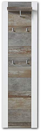 Stella Trading MATEO Schmale Garderobenleiste in Weiß mit Driftwood Optik - Moderne Hutablage & zuverlässige Wandhaken für Jacken & Taschen - 48 x 170 x 29 cm (B/H/T)