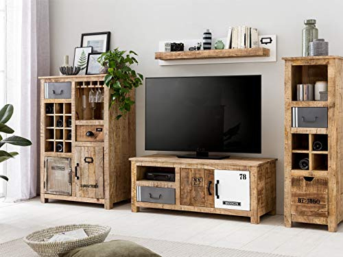 Woodkings® Wohnwand Pune 4teilig Holz Metall Mix Lowboard, Hochkommode, Weinschrank Weinregal Wandboard, Echtholz Mango,Moderne Wohnmöbel