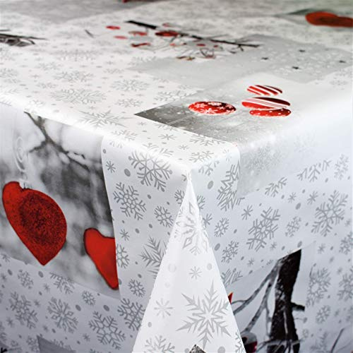 KEVKUS Wachstuch Tischdecke C141251 Weihnachten Herzen Weihnachtskugeln Schneeflocken rot wählbar in eckig rund oval (Rand: Schnittkante, 120 x 140 cm eckig)