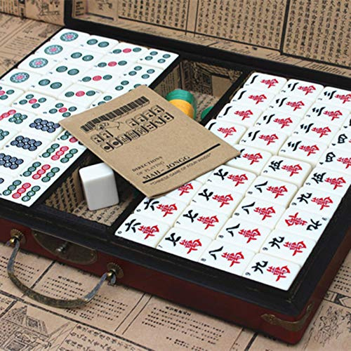 AllForYou Große Mahjong Tragbare Holzkästen Set Tischspiel Mah-Jong Reisetaschen Spiel Indoor Antike Leder Box English Manual