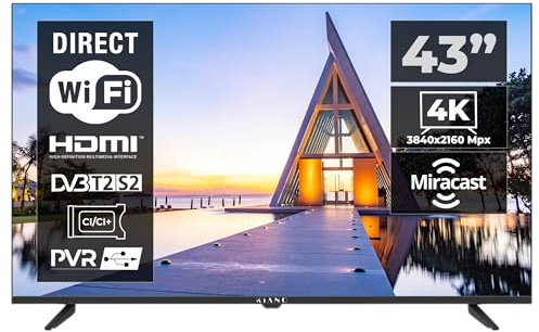 KIANO Smart TV 43 Elegance – 4K UHD (3840×2160) con HDR10 – Android 11, WLAN, Bluetooth – Triplo Tuner DVB-T2/C/S2, Dolby Audio – 2 HDMI, 2 USB, CI-Slot – Design in metallo – VESA