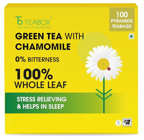 Teabox 100 bolsas de té verde de manzanilla, con flores de manzanilla egipcia y té verde de hoja entera, mezcla calmante para relajación y sueño, baja cafeína, fresco y aromático