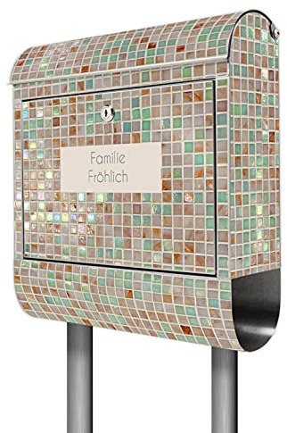 banjado® Briefkasten mit Standfuß personalisiert Motiv Grüne Fliesen - Stand Briefkasten Edelstahl mit Zeitungsfach - Postbox/Postkasten A4 Einwurf inkl. Montagematerial & 2 Schlüssel