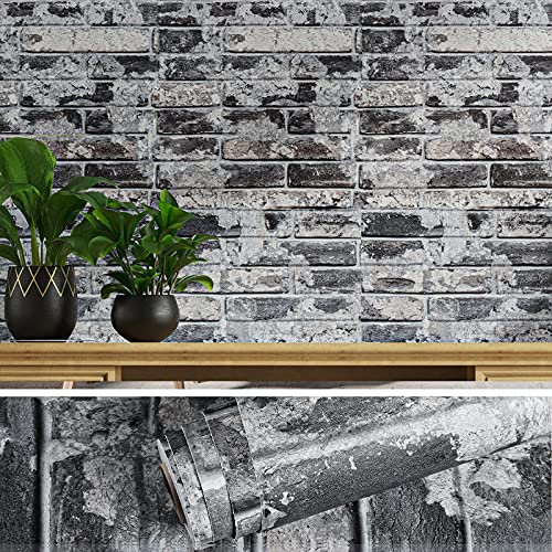 VEELIKE Selbstklebende Tapete Steinoptik 40cm x 900cm Klebefolie Ziegeloptik Schwarz Wandtapete Industrial Küchentapete Muster Wasserfest Badezimmer Deko Wohnzimmer Schlafzimmer Ziegeltapete Vintage