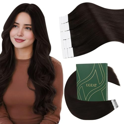 Ugeat Echthaar Extensions Tape in Dunkelbraun 20 Stück Extensions, Echthaar Braun Remy Tape in Extensions, Glatt Naturhaar 40 cm 50g