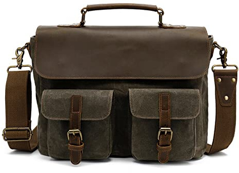 FANDARE Retro Umhängetasche Handtasche Tragetasche Schultertasche Herrentasche Segeltuch Leder Kuriertasche Messenger-Bags Aktentasche für Arbeit Reise Schule Hochschule Arbeit SchulranzenGrün