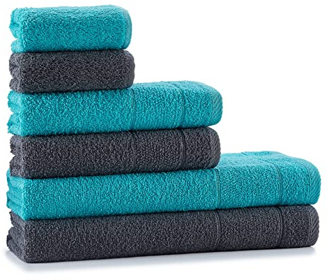 Tuiste Set Asciugamani Bagno Grigio Scuro - Verde Acqua Turchese, Hotel, Cotone, 2 Teli Doccia 70x140cm + 2 Asciugamani Viso 40x70cm + 2 Asciugamani Ospiti 30x50cm, Asciugamani Bagno Viso e Bidet