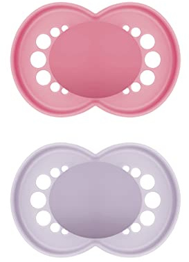 MAM Original Pure Dummy i set om 2, tandvänlig babynapp tillverkad av hållbart och organiskt förnybart material, napp av MAM SkinSoft silikon, med napplåda, 16+ månader, rosa/lila