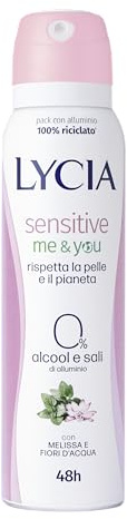 Lycia, Sensitive Me and You Deodorante Spray Senza Alluminio e Senza Alcool, Fresca Fragranza a Base di Melissa e Fiori d'Acqua, Efficace fino a 48H, Antimacchie, 150 ml