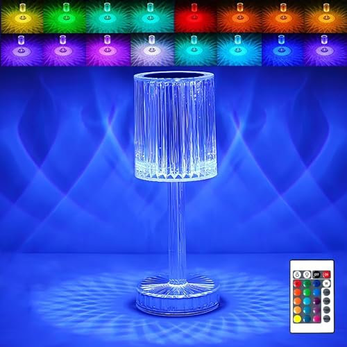 Tischlampe aus Kristall Diamant-Rosen-Lampe mit Touch-Steuerung und Fernbedienung, 16 Farbvariationen RGB-Nachtlicht USB Aufladbare-LED-Tischleuchten Akku für Schlafzimmer Wohnzimmer Party-Dinner-Deko