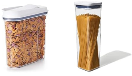 OXO Good Grips POP Medium Cereal Dispenser - 3.2 Litre, Grey,clear & Good Grips POP Container - Small Square Tall 2.1 Litre, White