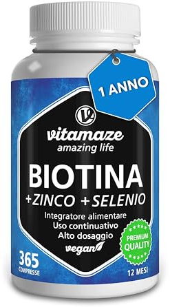 Biotina Capelli, Pelle e Unghie Sani, 365 Compresse (1 Anno), Selenio, Zinco, Vitamina B7, Integratori per Capelli, Qualità Tedesca, Vitamaze®