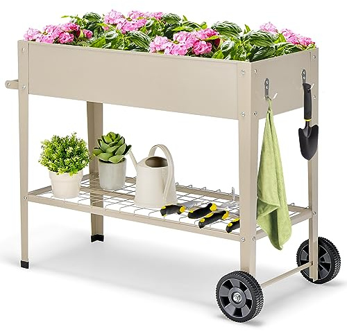 HOMASIS Fioriera Rialzata da Esterno, Aiuola Rialzata in Metallo, Letto per Orto con Mensola in Rete e 2 Ganci, Carrello Alto per Coltivazione con 2 Ruote e Maniglia, 95 x 40 x 80 cm (Beige)