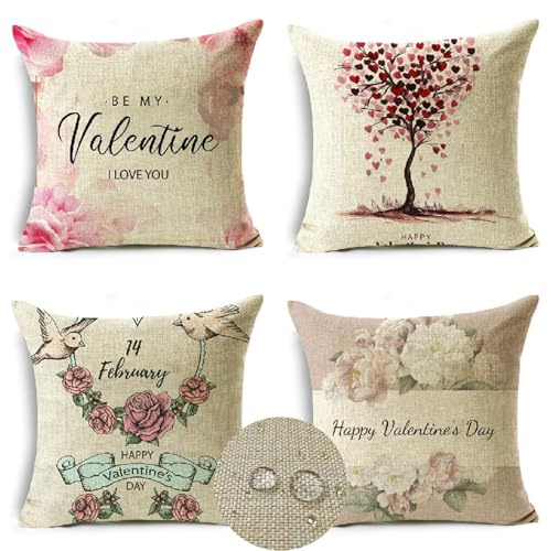 Fundas Cojines Decorativos Rosa Modernos Cojines Sofá 70x70cm Verano impermeable Lino Cojín Rosal Cojin Exterior, para Sofá Cama Coche Sala de Estar Hogar jardín Otoño Cojines Juego de 4 HY-2821