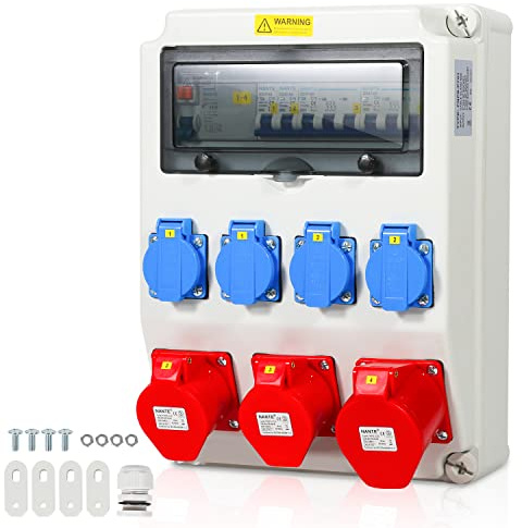 Fiqops Répartiteur de courant de construction 32 A, distributeur de courant 4 x 230 V + 2 x 16 A CEE + 1 x 32 A 400 V CEE, distributeur mural avec interrupteur FI LS, répartiteur de courant fort IP44