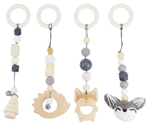 Spielbogen Baby Spielzeug ab 0 Monate 4 Stück Spielebogen Babies Toys Spielbögen Baby Gym Anhänger Holz für Mädchen Jungen Babyspielzeug für Babyschale Kinderwagen Autositz Spielzeug (Grau)