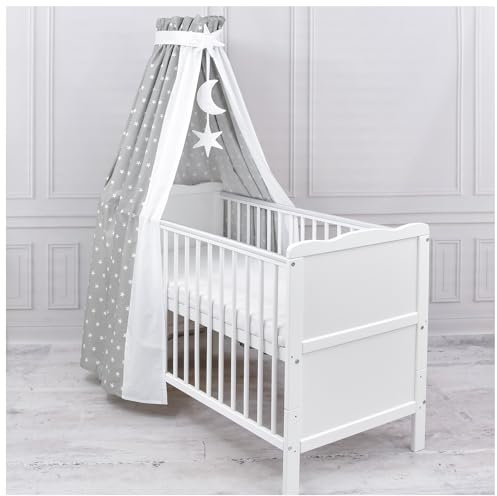 Generisch Baby Delux Babybett Himmel Betthimmel Baumwolle Baldachin für Babybett Kinderbett Wiege Stubenwagen Himmelstange Sterne Mond Applikationen Deko (Little Stars Grey, mit Himmelstange)