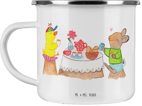 Mr. & Mrs. Panda Camping Emaille Tasse Ostern Frühstück - Ostergeschenke, Osterdeko, Geschenk, Geschenke zu Ostern, Edelstahl Trinkbecher,