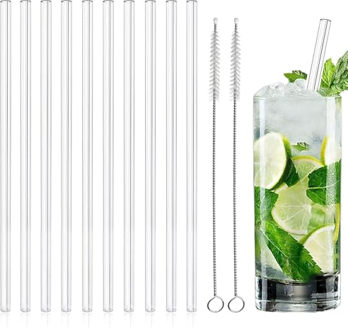 Glasstrohhalme, 10 Stück Transparent Trinkhalm, 20 cm Gerade Glasstrohhalme, Glasstrohhalme Wiederverwendbar,mit 2 Reinigungsbürsten, Klar Strohhalme, für Whiskey, Kaffee, Wasser