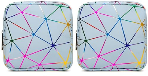 TUOJINRUIDA 2 PCS Aufbewahrungstaschen für Damenbinden mit Geometrischen Mustern, Tragbare PU-Aufbewahrungstaschen für Feminine, ideal für Teenager-Mädchen, Frauen und Damen (Schillernd Blau)