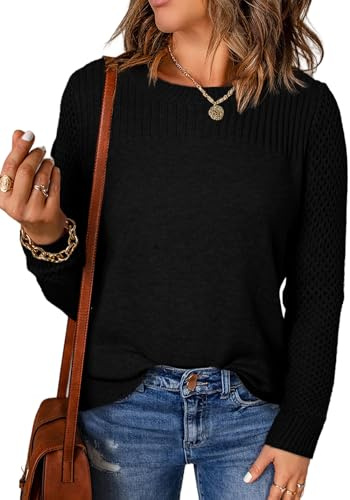 EVALESS Womens Sweaters Casual Long Sleeve Crewneck Cable Knit Lightweight Oversized Crochet Sweater Pullover Tops Black Large