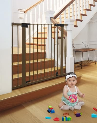 COMOMY Puerta de Perros 91,5cm Extra Alto, 75-103cm Ancho Grande Puerta Seguridad Bebe de Cierre Automático, Duradera Barrera Seguridad Niños para Escalera, Montadas a Presión, Marrón