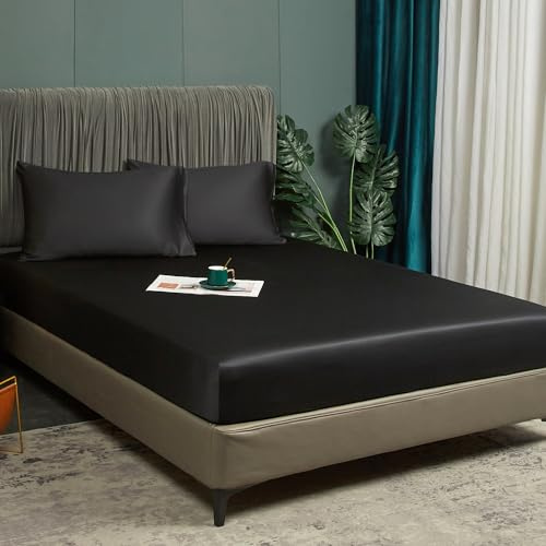 Luofanfei Bambou Drap Housse 140x200cm Noir Bonnet 30 cm Unie Motif Drap de lit Lyocell Soie Noire Drap-Housse 140 x 200cm Uni Lisse Respirant pour Matelas Épais,140 200