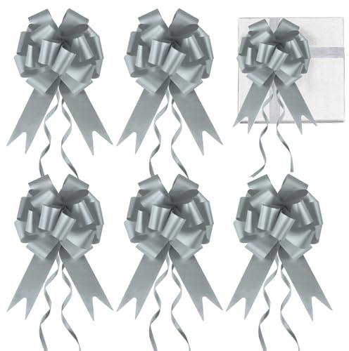 Prmape 30 Pcs Geschenkschleife Silbrig, Schleife Hochzeit Geschenk, Auto Schleifen für Hochzeit, Zugband Polyband Dekoschleife für Hochzeit Geburtstage Geschenkverpackung Auto Deko Tüten Zuckertüten