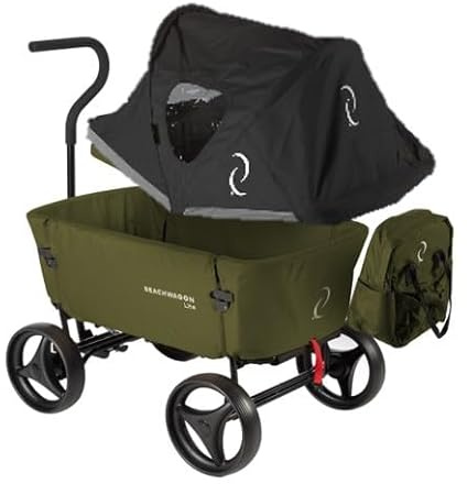 Beach Wagon Bollerwagen Faltbar LITE Kombiset - 80KG Traglast - Klappbarer Handwagen mit Verdeck und Rucksack für Garten, Camping, Einkaufen und Picknick - Khakigrün