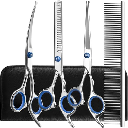 YSYONBOE Tijeras Peluqueria Canina Profesional, 5 in 1 4CR Tijeras para Mascotas con Punta Redonda, Tijeras para Perros Gatos Acero Inoxi, Incluye Tijera para Adelgazar, Tijera Curvas y Rectas, Peine