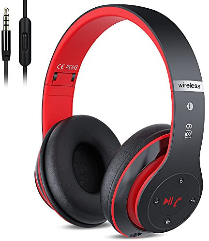 Bluetooth Headphones Over Ear, 6 EQ Modes Wireless Headphones Over Ear, 60 Hours Playtime Foldable Lightweight Wireless Headphones, with Built-in HD Mic, Black Red