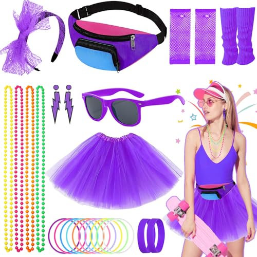 80s Fancy Dress Accessories Set for Women, 26Pcs Party Costume including Bumbag Tutu Skirt Leg Warmer Earrings Fishnet Gloves Necklace Glasses Bracelet Headband, Neon Outfit for 80s Party (purple)