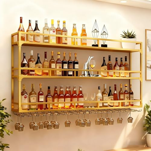 RAJYQODIS Weinregal Wand mit Glashalter, 3 Ebenen Weinpareite Display Rack, Weinflasche Glashalter Wandmontage für Esszimmer Home Bar Küche (Gold, 100cm)