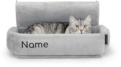 lionto Lettiera riscaldata per gatti con rivestimento in peluche lavabile, ganci in metallo adatti ai termosifoni standard, amaca in materiale confortevole, grigio chiaro (con nome stampato)