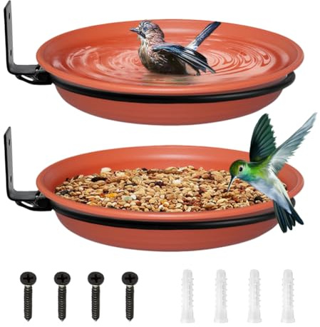 2 Stück Vogeltränke,Vogelfutterspender Und Vogeltränke,Vogelbad Garten Stehend,Vogelfutterhaus Balkongeländer Rund Mit Wandhalterung,Anlocken Wildvögeln,Wassertränke Vögel,Vogeltränkenzubehör (Braun)