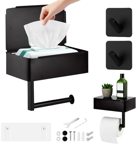 Focenat Portarrollos de Papel Higiénico Negro Mate con Caja para Toallitas Húmedas, Acero Inoxidable sin Taladrar, Soporte Adhesivo con Estante para Baño y Cocina