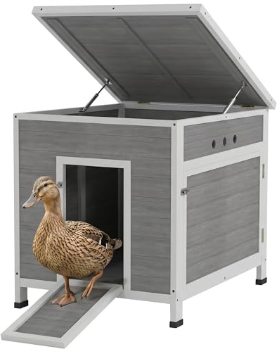 PawHut Wooden Duck House, Raised Poultry Coop with Ramp, Double Doors, Openable Asphalt Roof, Ventilation Holes, Removable Base, for 2-4 Ducks, Chickens, Geese, Light Grey