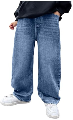 Jean Baggy pour Garçons Pantalon en Jean Enfant Jambes Larges Jambe Droite Jeans Garçons avec Poches Loisirs Taille Haute Pantalons Coupe Ample Hip-hop Vintage Streetwear (Light Blue, 9-10 Years)