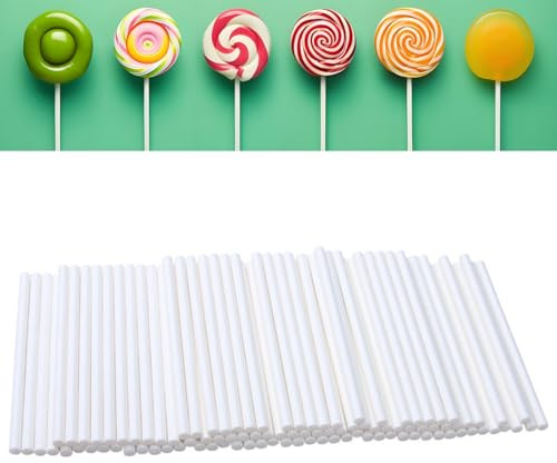 WUSJCOF 100 Pièces Bâtonnets de Sucettes en Papier de Qualité Alimentaire, Pop Cake, 10 cm Cake, pour Faire des Sucettes, Cupcake, Bonbons, Chocolat, Desserts et Moules (10 cm × 3 mm) (Blanc)