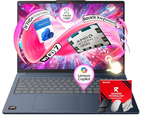 Lenovo IdeaPad Copilot+ - Laptop aziendale - Touchscreen FHD+ da 16 - AMD Ryzen AI 7 350-50 Tops NPU - Accesso facciale - Cam IR Privacy - KB retroilluminato - Win 11 Pro - con accessorio (64 GB DDR5