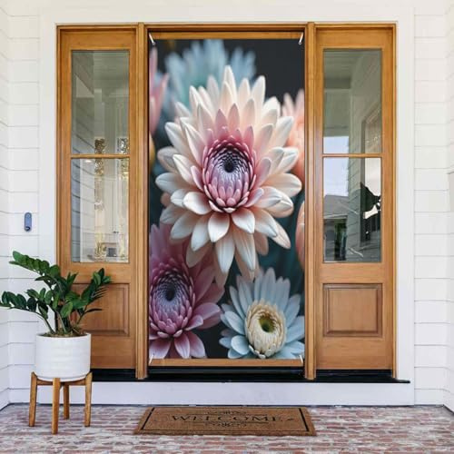 Decoraciones para puertas – Impresión realista de dalia blanca No.23 Otoño Invierno Puerta Banners para la parte delantera, cartel de primavera y verano, cartel colgante para exteriores e interiores