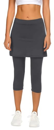 PINSPARK Tennisrock Damen Rock mit Hose Drunter Laufen mit 3/4 Yoga Pants | Hohe Taille Hosenrock, 2 in 1 Tennis Rock mit Engen Capris für Gym Wander Radfahren Jogging, Taschen, Kopfhöreranschluss