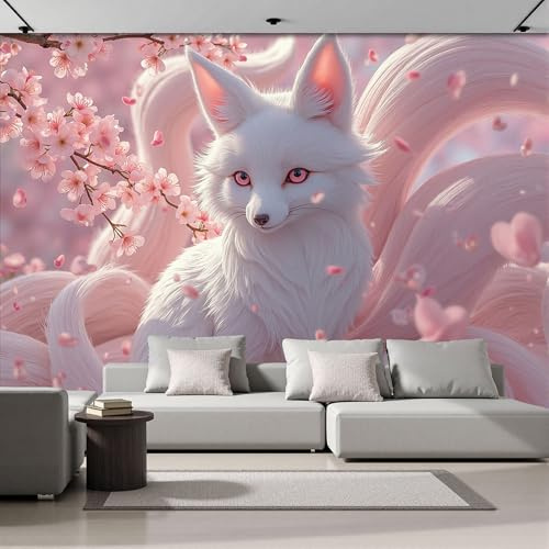 Carta Da Parati Panoramica Fiori Di Pesco Volpe Bianca 350x256cm, Seta Murale Fotomurale Stile Fantasy Orientale, Fotomurale Da Muro per Soggiorno Corridoio Ufficio