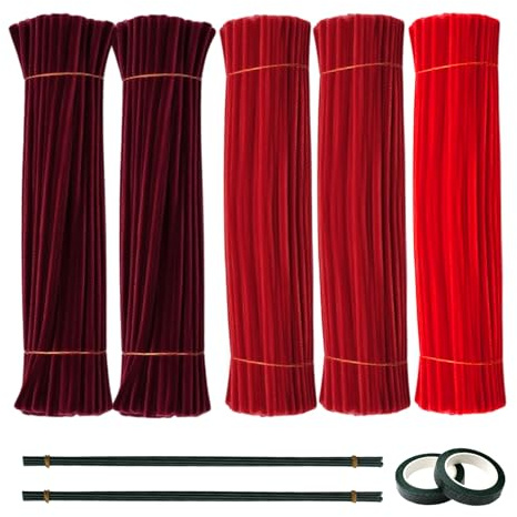 LetCart 500/600 styck piprensare i pysselset 30 cm, 5/6-färgat Pipe Cleaner Flower Set, piprensare-blommor för pyssel, dekoration och fester, och blomsterdekoration (5 färger (Röd))