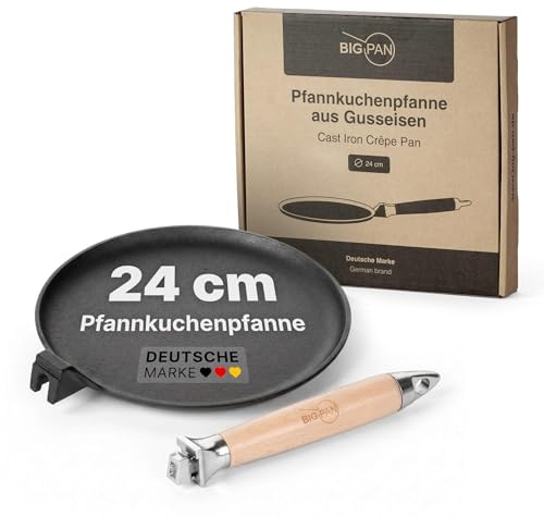 Premium Crêpepfanne Induktion 24 cm Pfannkuchenpfanne Pfanne Gusseisen UNBESCHICHTET sandgestrahlt universell Cast Iron Pan für alle Herdarten kratzfest Bratpfanne backofenfest Gusspfanne Eisenpfanne