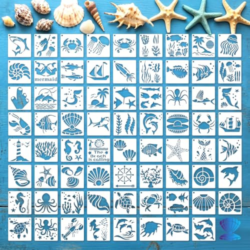 Schablonen Textilgestaltung, 80 Stück Ozean Schablonen zum Malen Set wiederverwendbare DIY Malvorlagen für Kinder und Erwachsene Stencil Vorlagen für Basteln Scrapbooking Textil Holz Wand und Deko